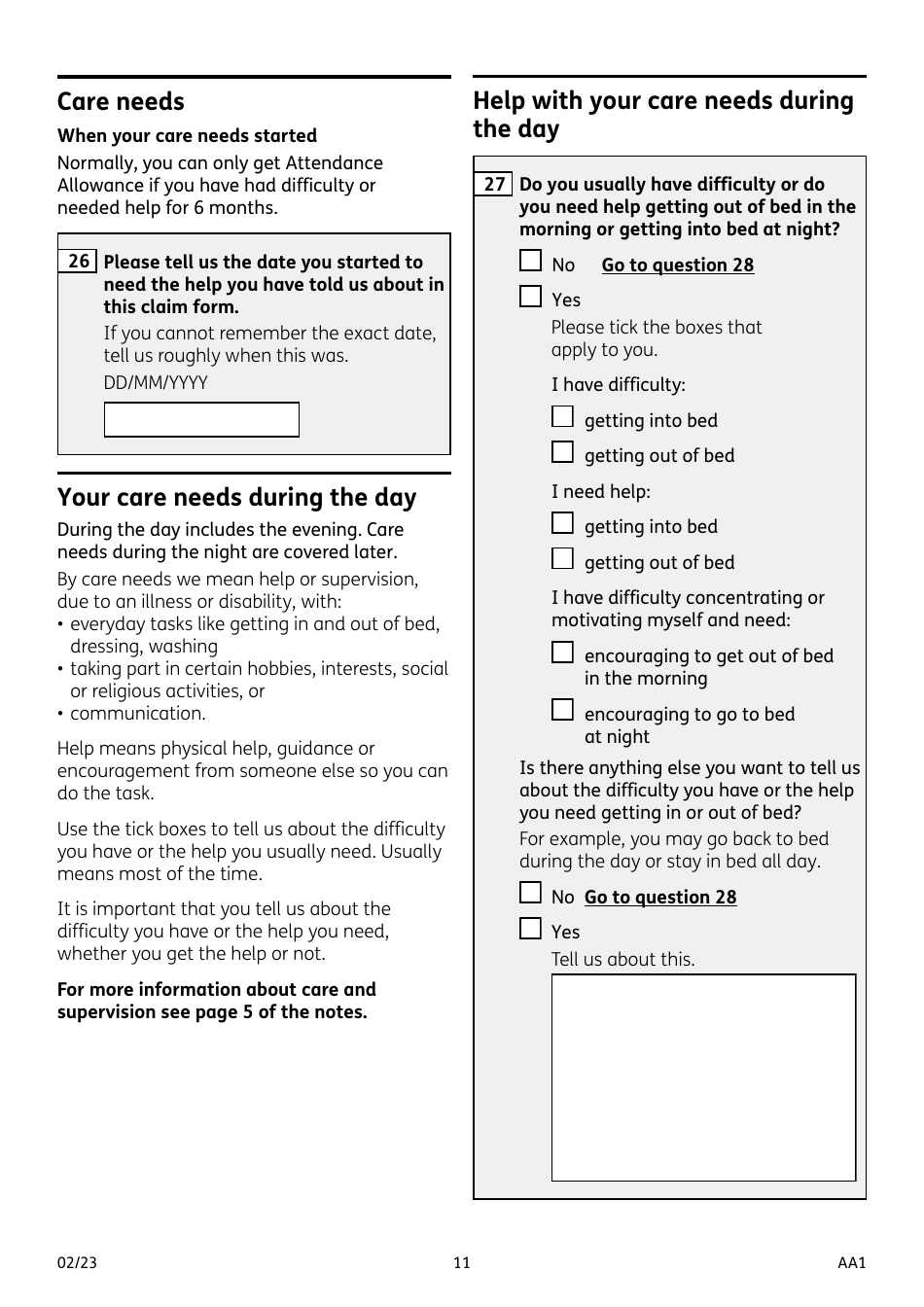 Form AA1 Attendance Allowance for People of State Pension Age or Over - United Kingdom, Page 11