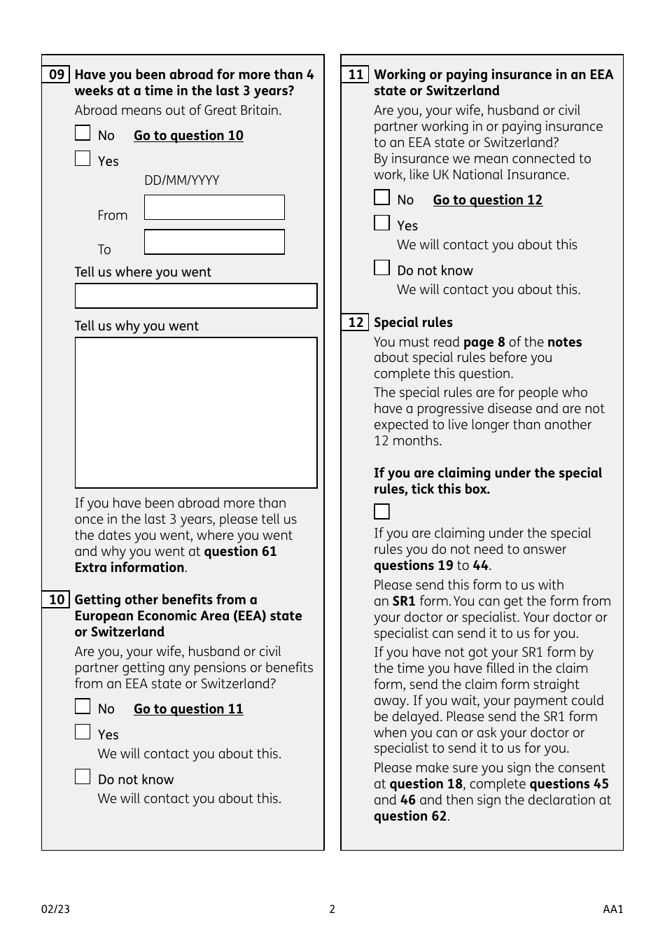 Form AA1 Attendance Allowance for People of State Pension Age or Over - United Kingdom, Page 2