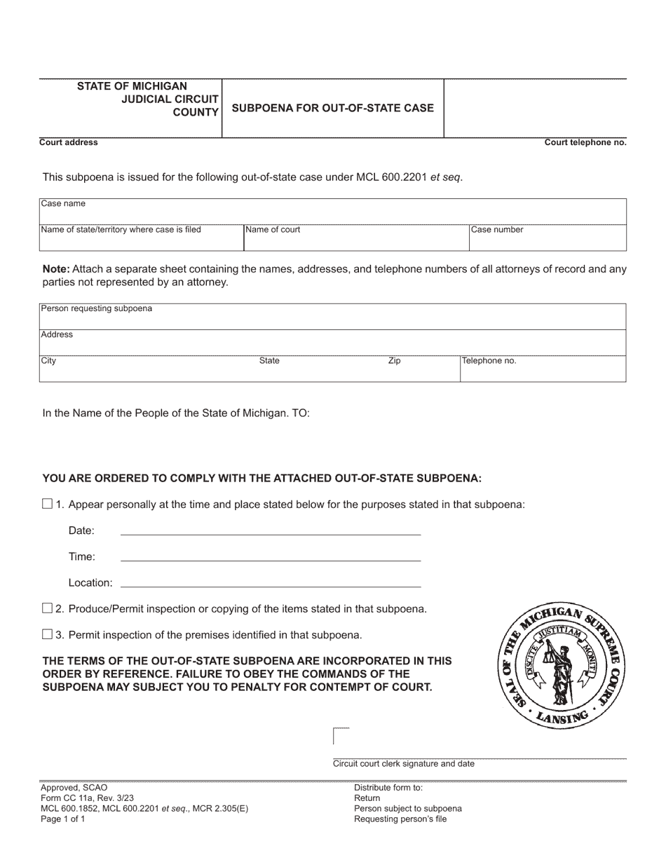 Form Cc11a Download Fillable Pdf Or Fill Online Subpoena For Out Of State Case Michigan