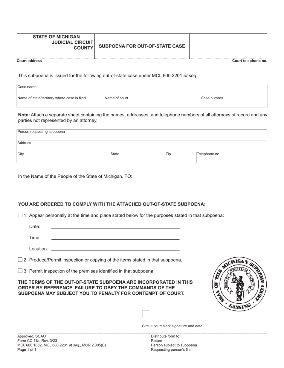 Form CC11A Subpoena for Out-of-State Case - Michigan, Page 1