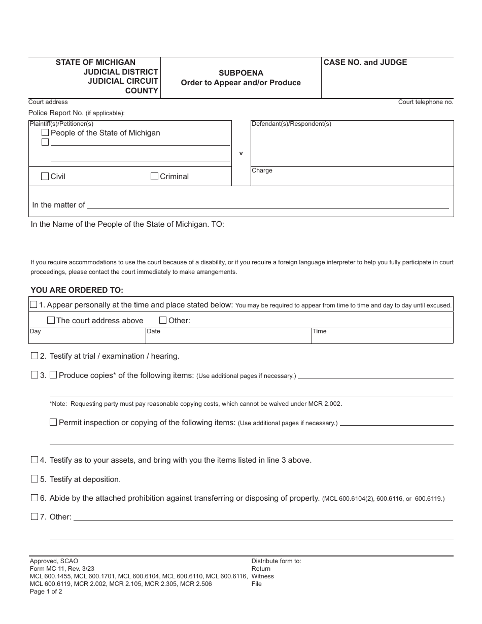 Form MC11 Subpoena - Order to Appear and / or Produce - Michigan, Page 1