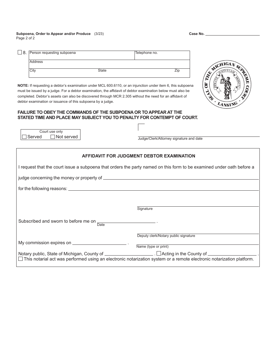Form MC11 Subpoena - Order to Appear and / or Produce - Michigan, Page 2
