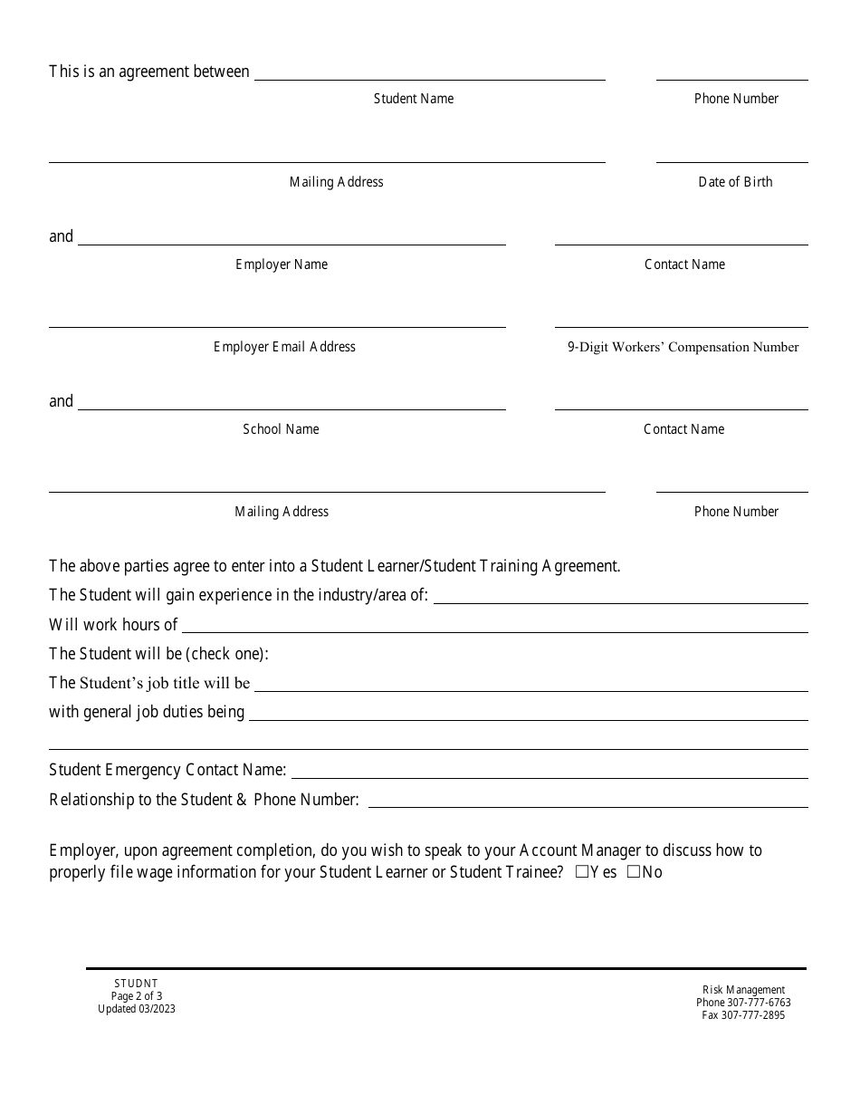 Student Learner  Student Training Agreements - Wyoming, Page 2