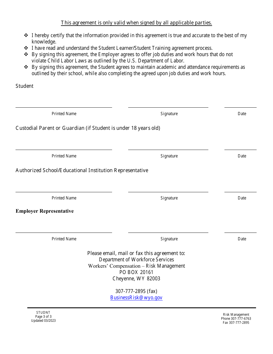 Student Learner  Student Training Agreements - Wyoming, Page 3