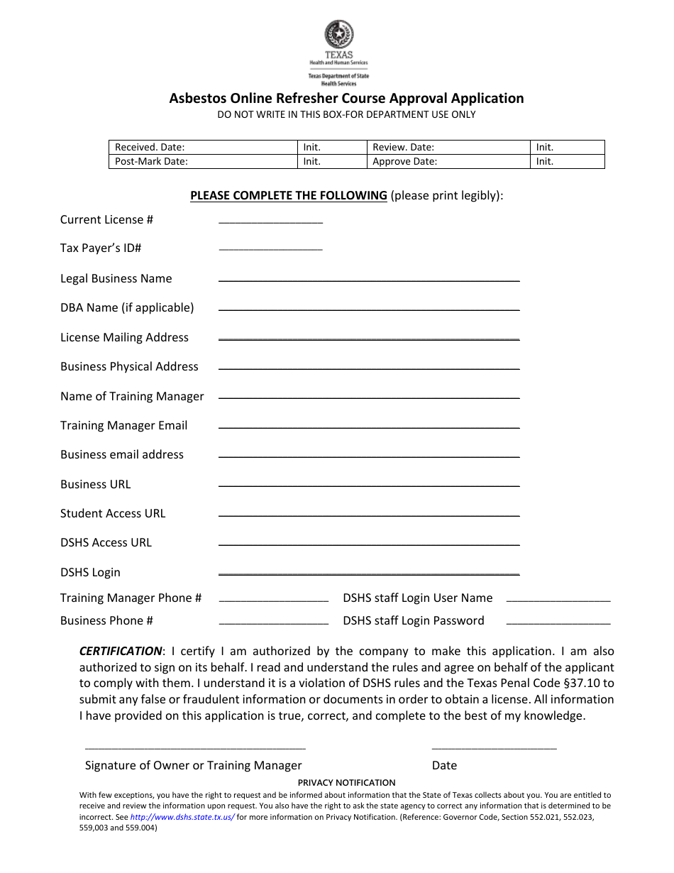 Asbestos Online Refresher Course Approval Application - Texas, Page 1