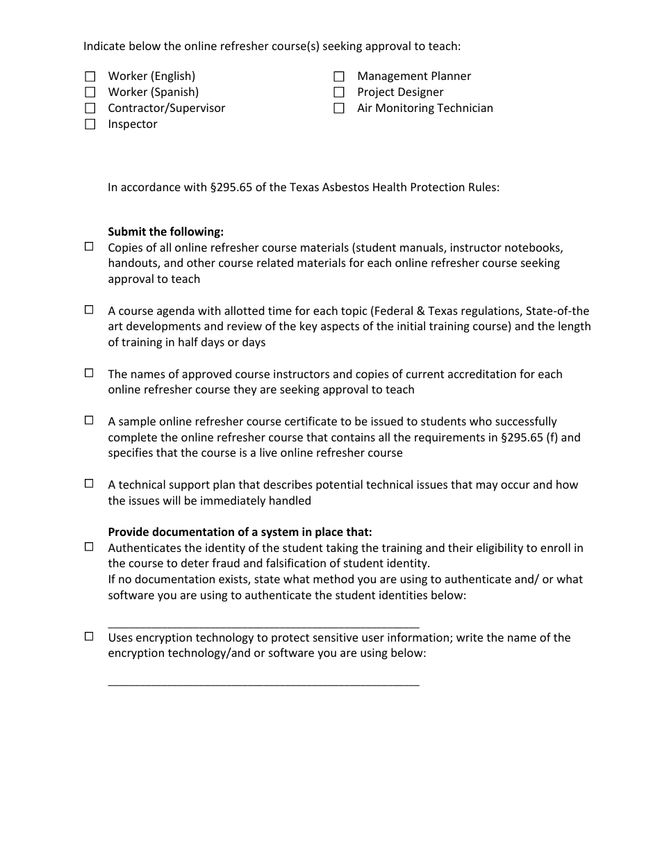 Asbestos Online Refresher Course Approval Application - Texas, Page 2
