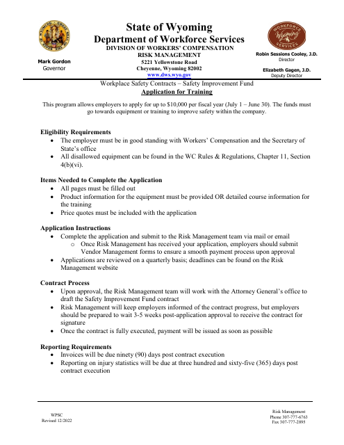 Application for Training - Workplace Safety Contracts - Safety Improvement Fund - Wyoming