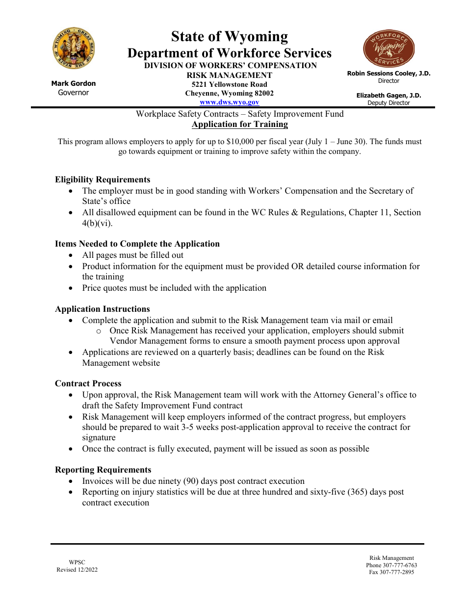 Application for Training - Workplace Safety Contracts - Safety Improvement Fund - Wyoming, Page 1