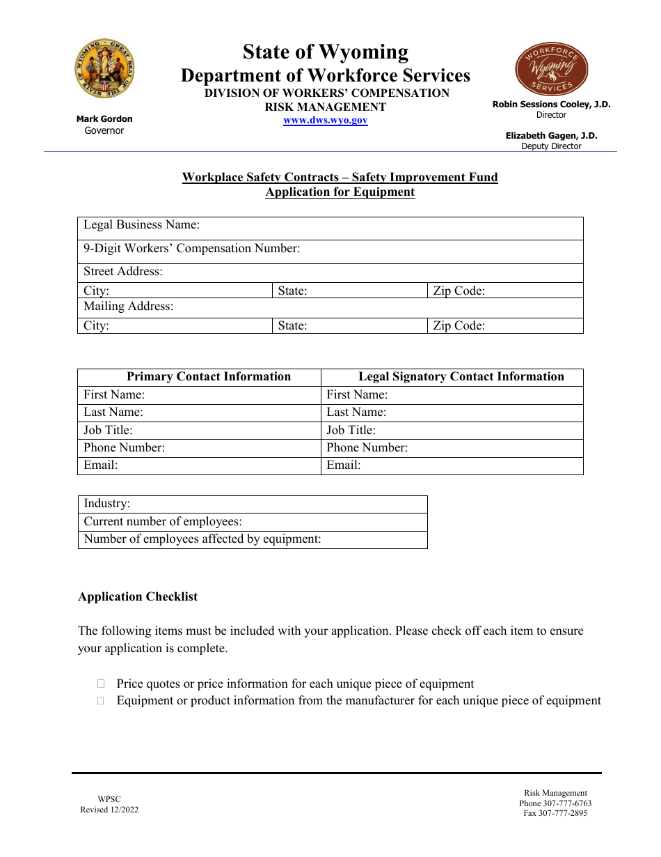 Application for Equipment - Workplace Safety Contracts - Safety Improvement Fund - Wyoming, Page 2