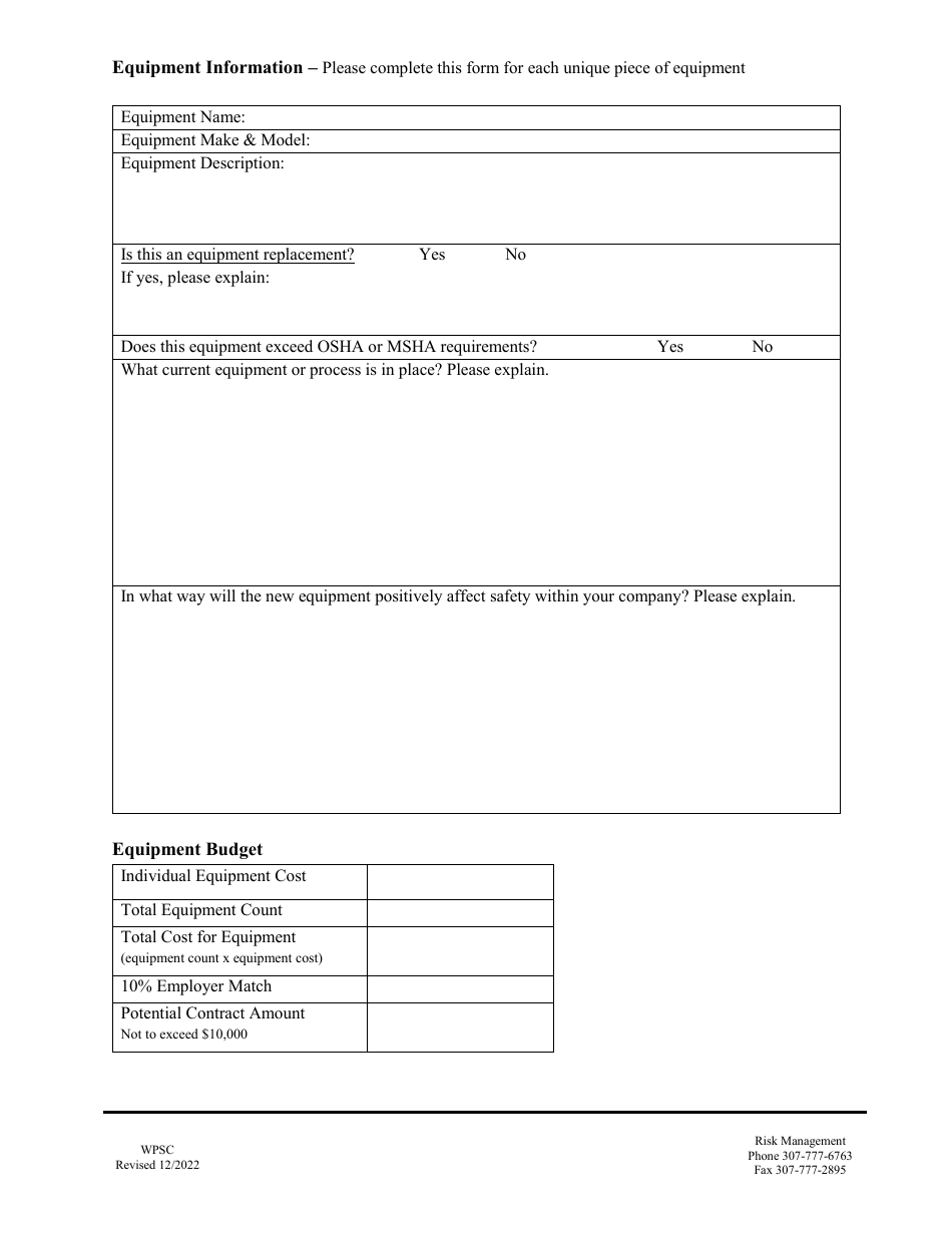 Wyoming Application for Equipment - Workplace Safety Contracts - Safety ...