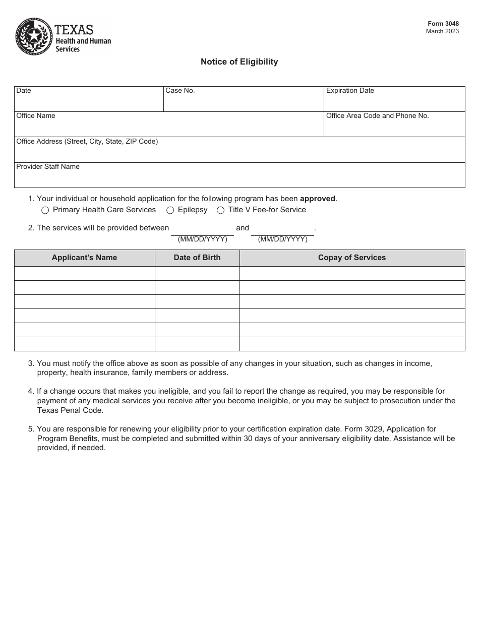 Form 3048 Notice of Eligibility - Texas, Page 1