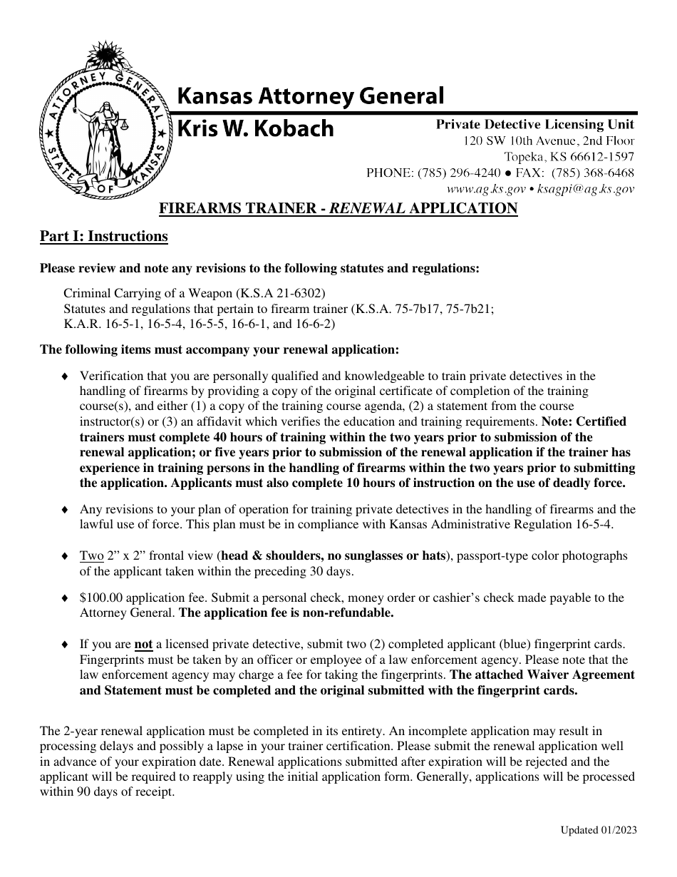 Firearms Trainer - Renewal Application - Kansas, Page 1
