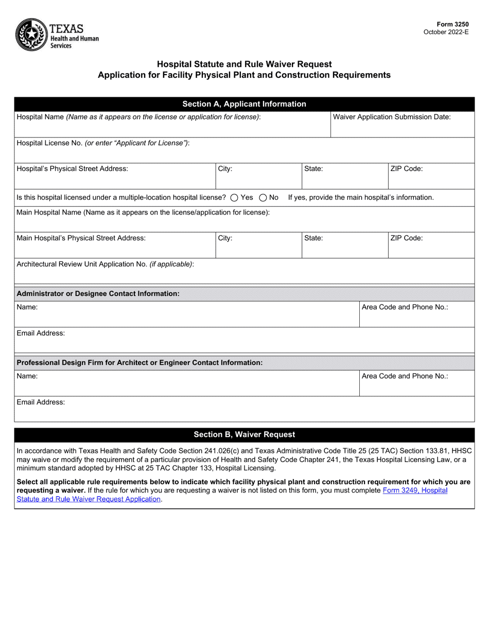 Form 3250 Hospital Statute and Rule Waiver Request Application for Facility Physical Plant and Construction Requirements - Texas, Page 1