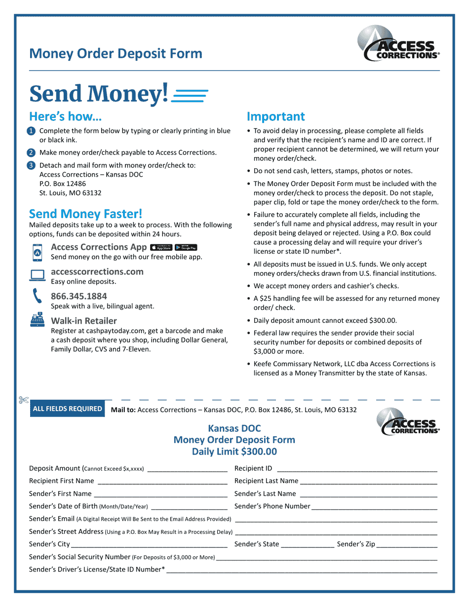 Money Order Deposit Form - Kansas (English / Spanish), Page 1