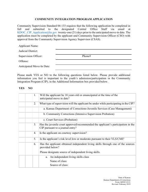 Form KDOC-0131 Community Integration Program Application - Kansas