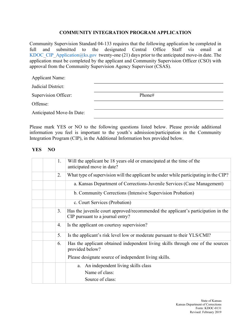 Form KDOC-0131 Community Integration Program Application - Kansas, Page 1