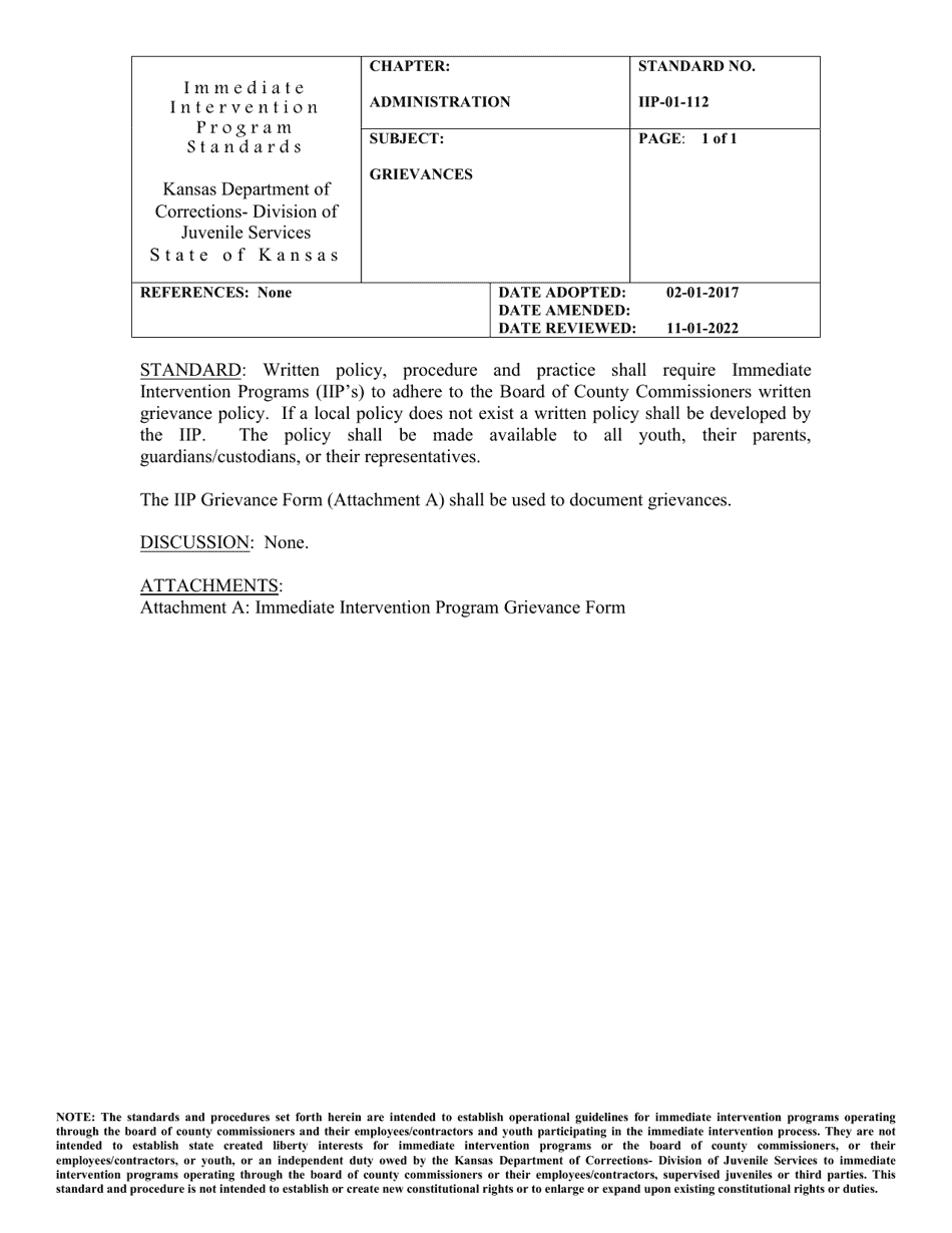 Attachment A Grievance Form - Immediate Intervention Program - Kansas, Page 1