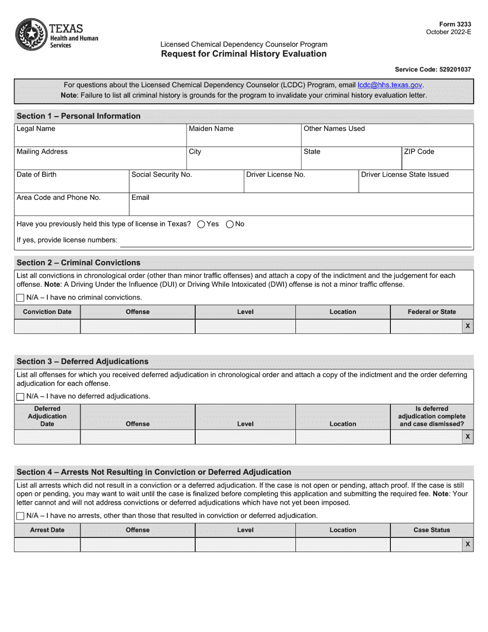 Form 3233 Request for Criminal History Evaluation - Licensed Chemical Dependency Counselor Program - Texas, Page 1