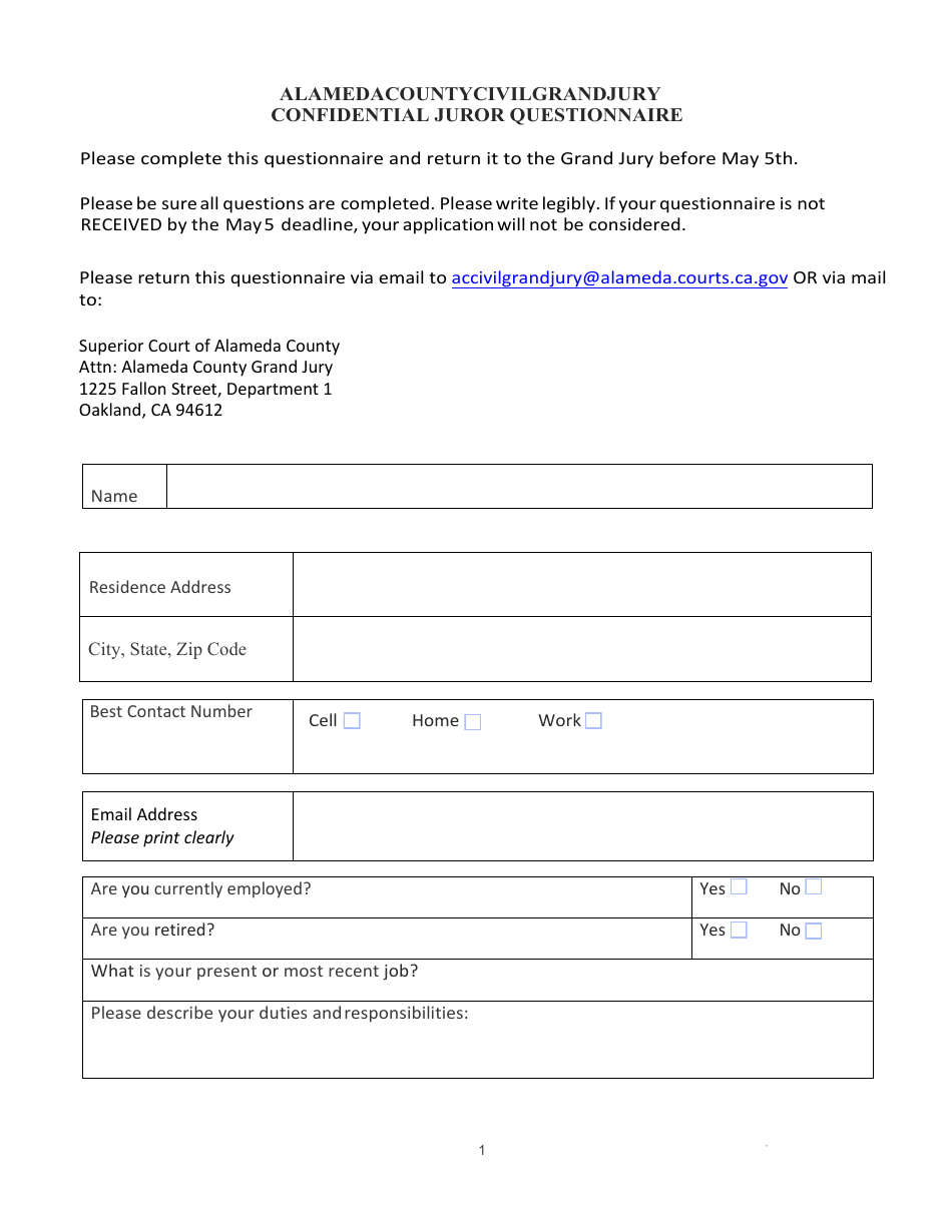 California Awv Questionnaire.pdf Alameda County, California Confidential Juror Questionnaire - Fill Out ...