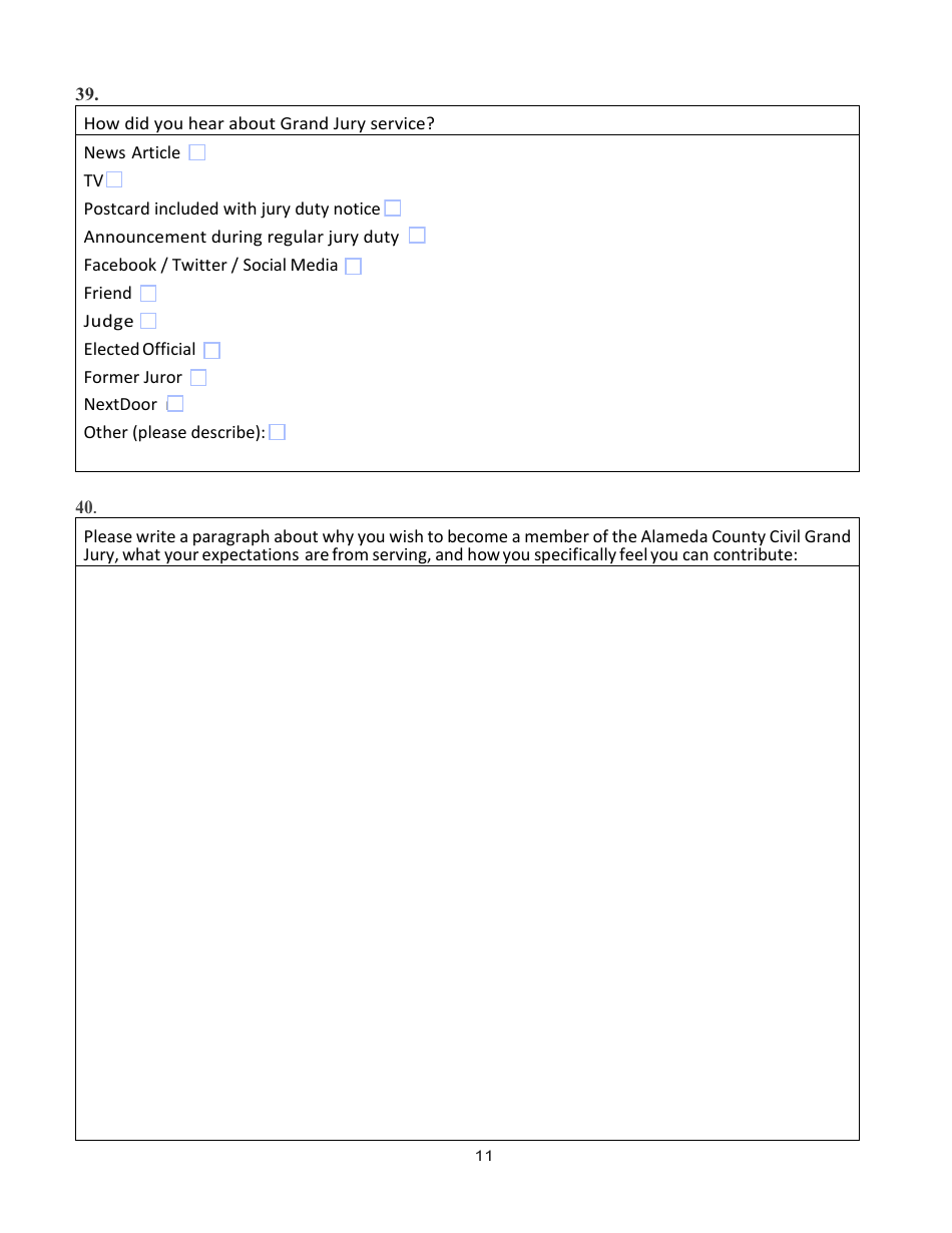 Confidential Juror Questionnaire - Alameda County, California, Page 11
