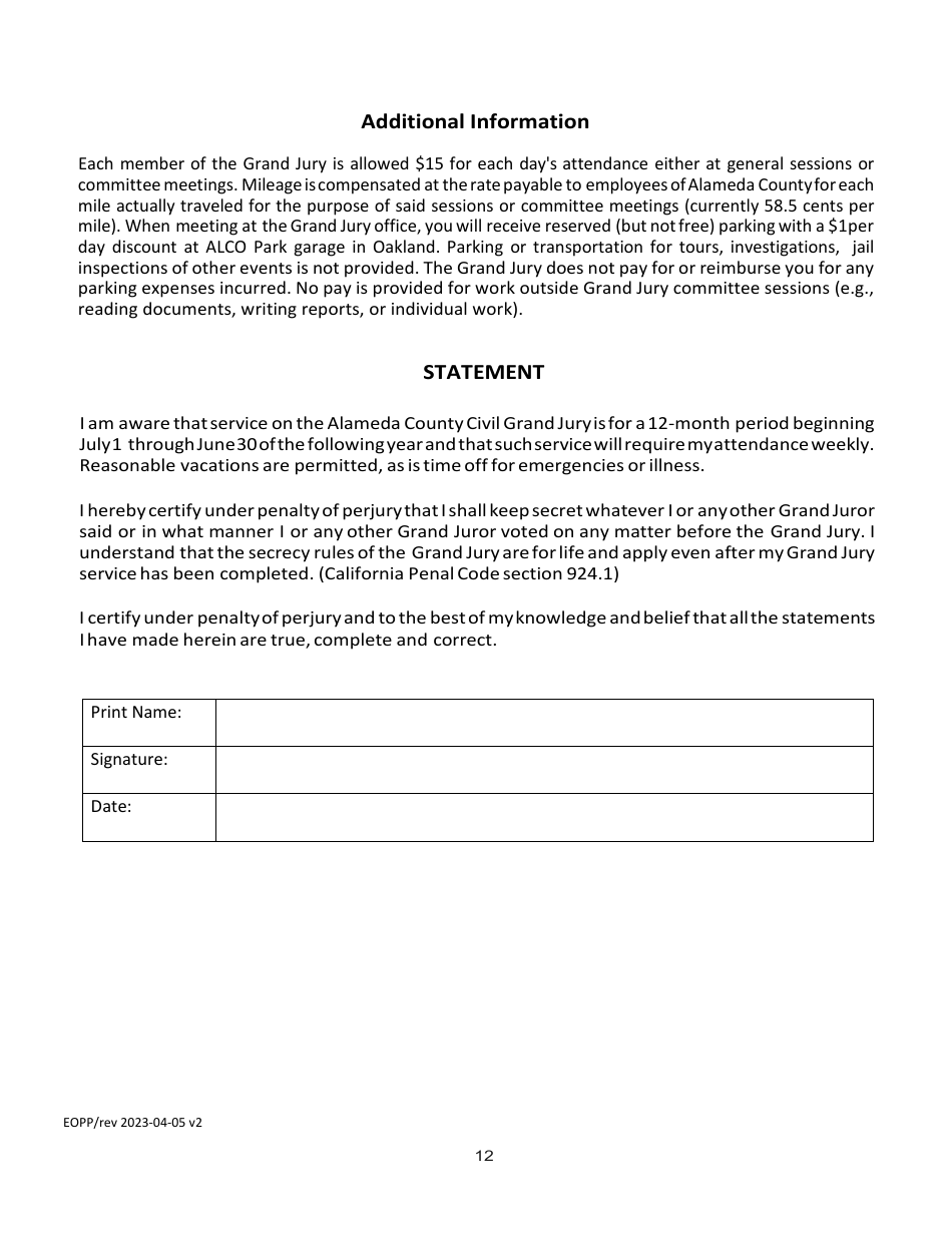 Confidential Juror Questionnaire - Alameda County, California, Page 12