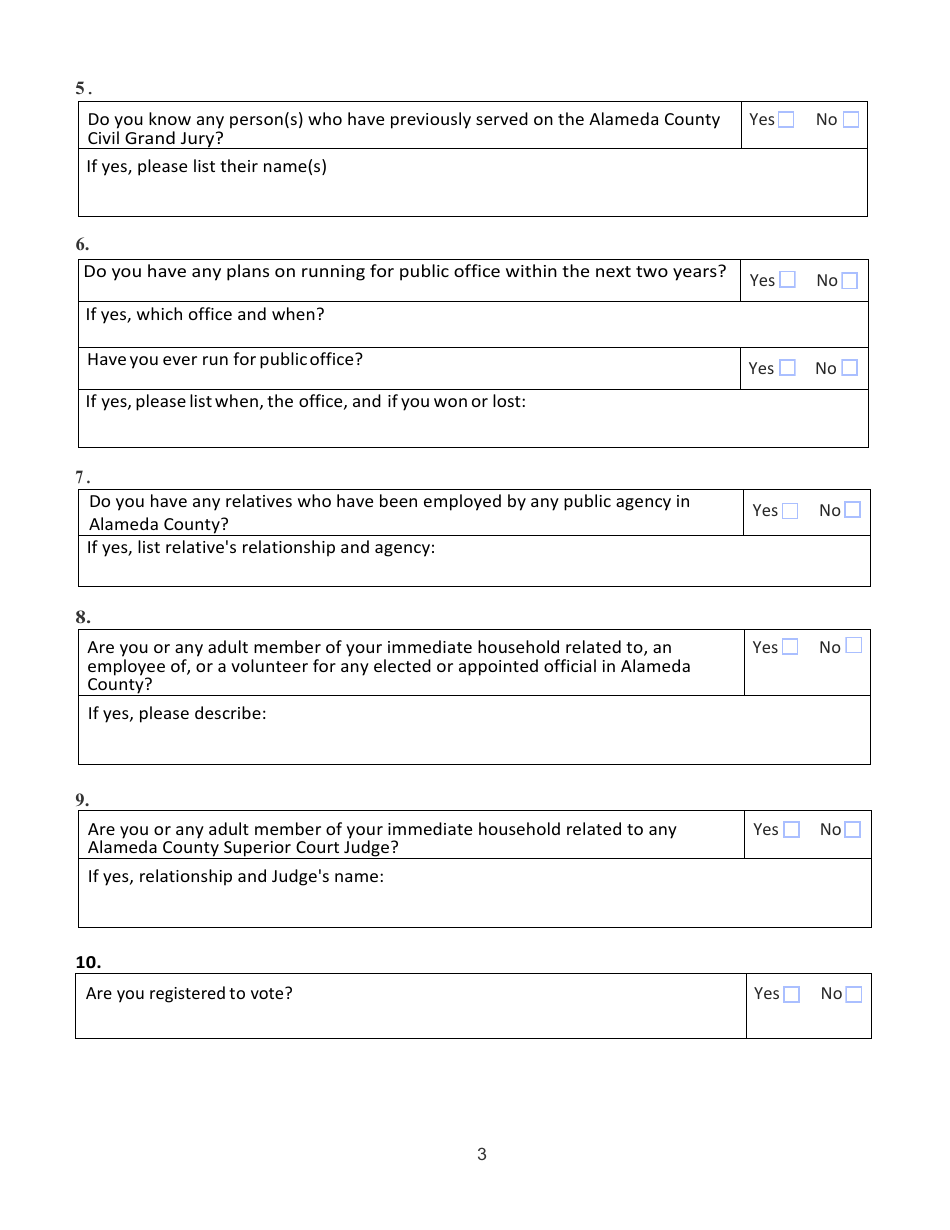 Confidential Juror Questionnaire - Alameda County, California, Page 3