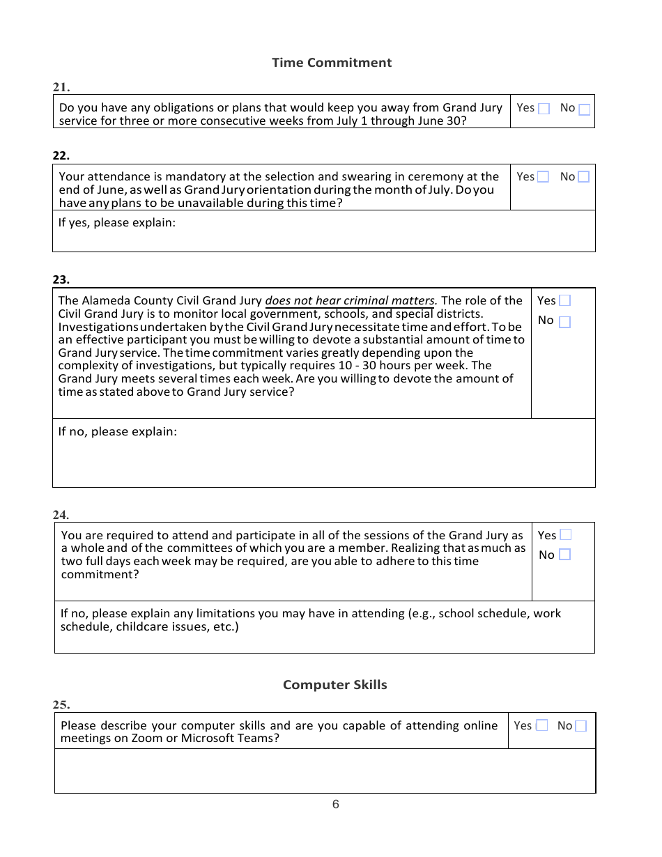 Confidential Juror Questionnaire - Alameda County, California, Page 6
