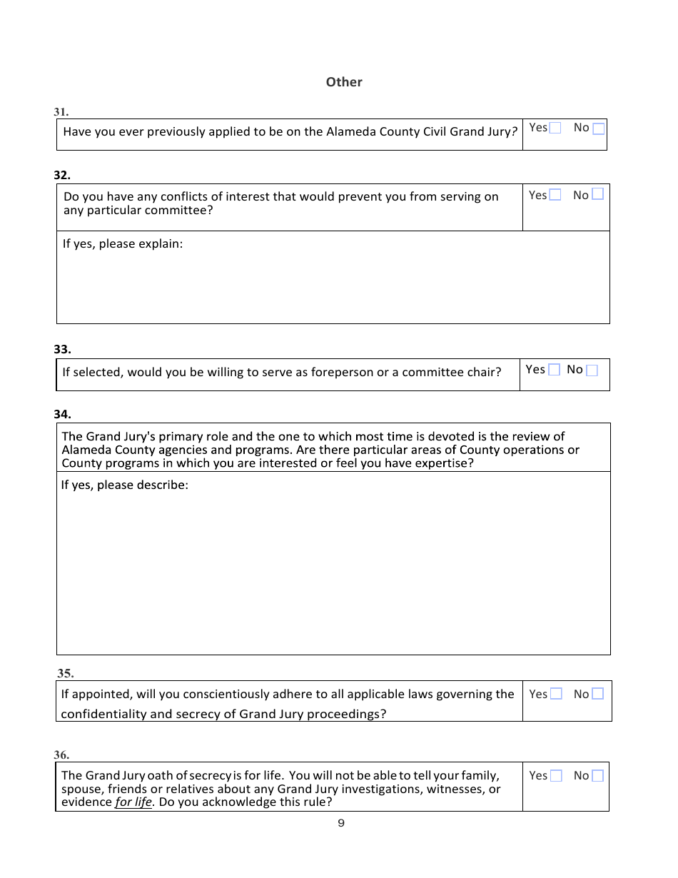 Confidential Juror Questionnaire - Alameda County, California, Page 9