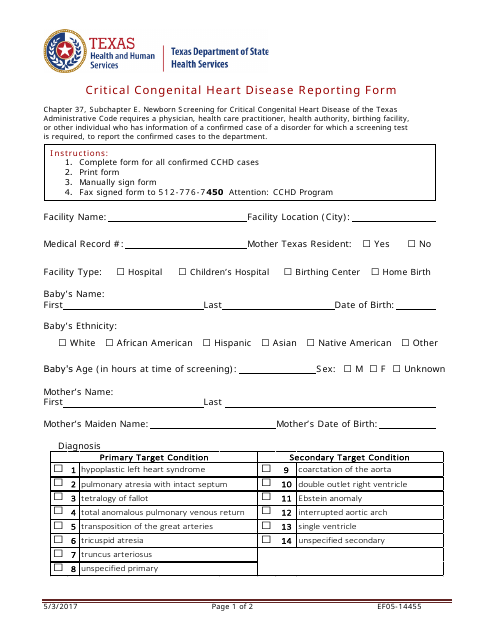 Form EF05-14455 Critical Congenital Heart Disease Reporting Form - Texas