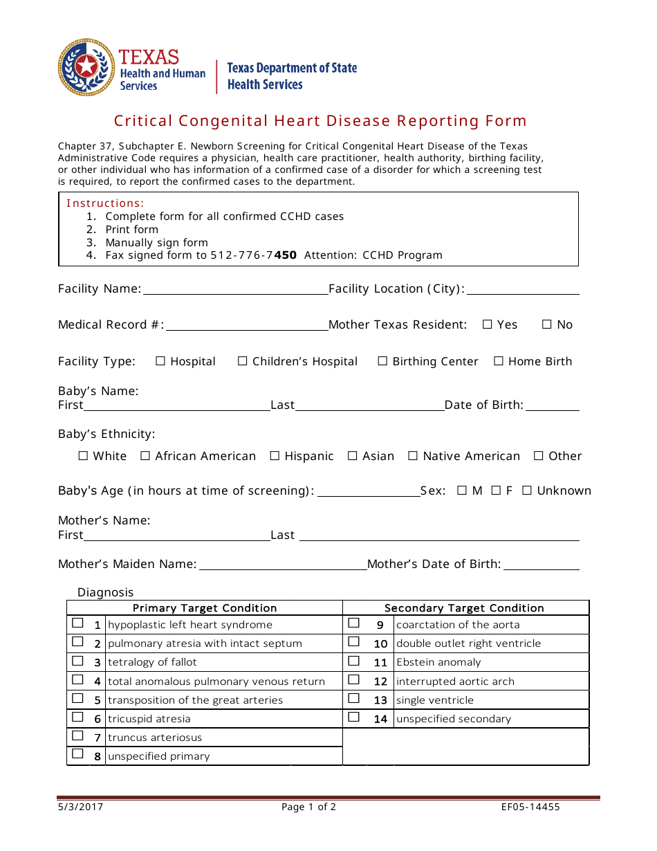 Form EF05-14455 Critical Congenital Heart Disease Reporting Form - Texas, Page 1