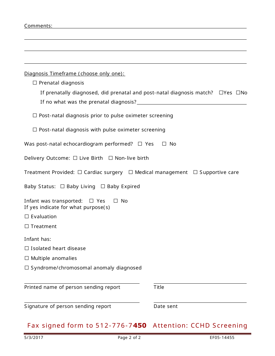 Form EF05-14455 Critical Congenital Heart Disease Reporting Form - Texas, Page 2