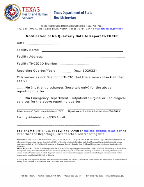 Notification of No Quarterly Data to Report to Thcic - Texas Download Pdf