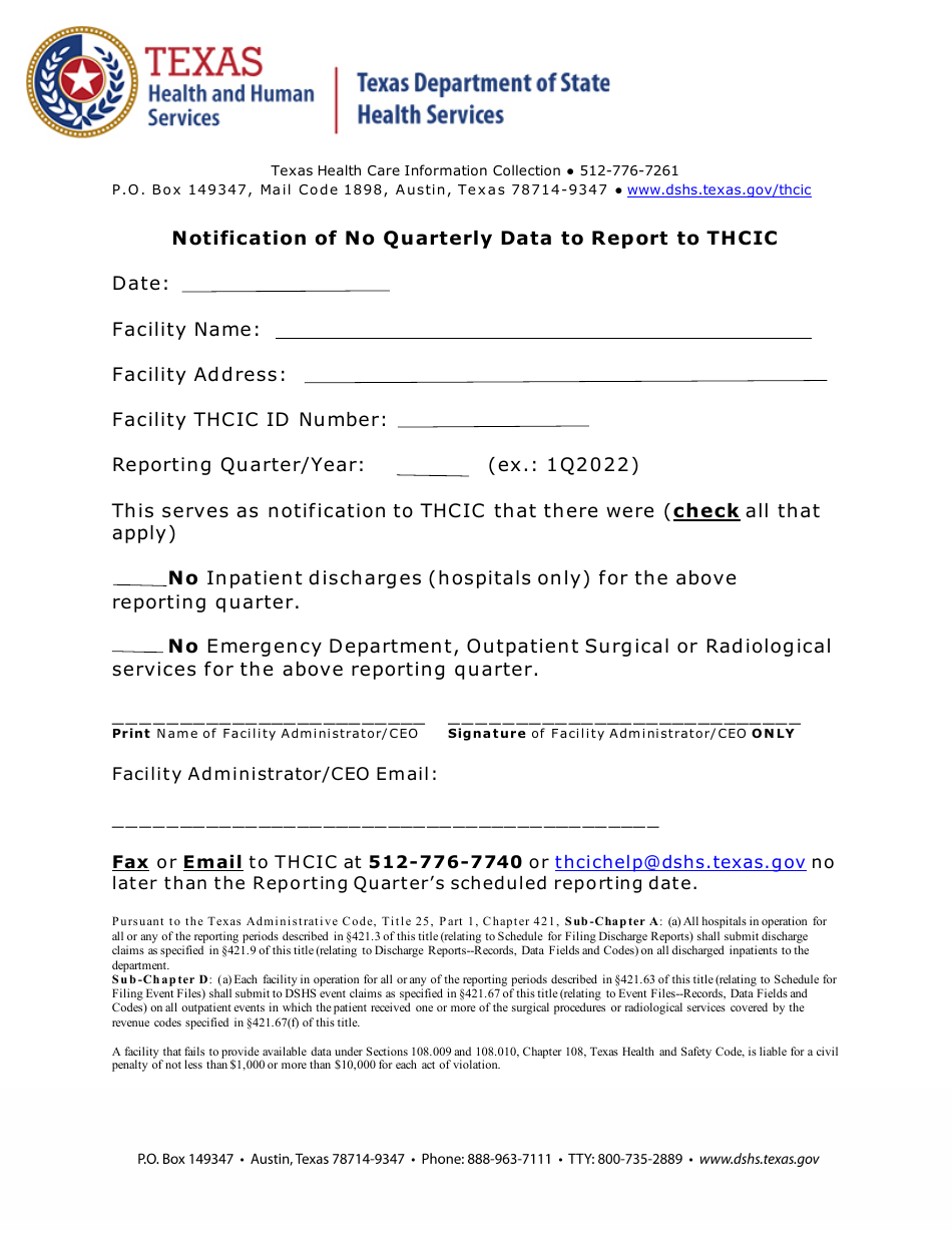 Notification of No Quarterly Data to Report to Thcic - Texas, Page 1
