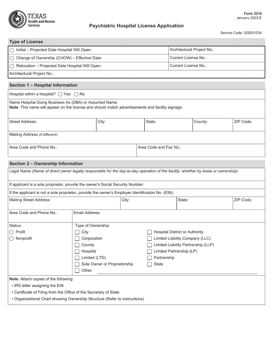 Form 3216 Psychiatric Hospital License Application - Texas, Page 1