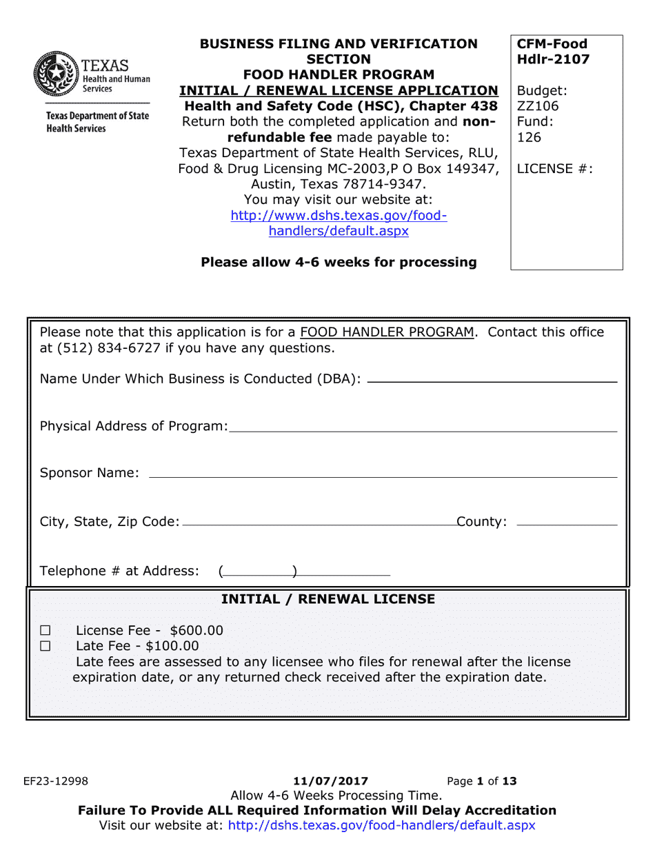 Form EF23-12998 Initial / Renewal License Application - Food Handler Program - Texas, Page 1
