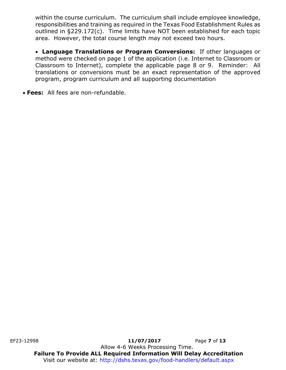 Form EF23-12998 Initial / Renewal License Application - Food Handler Program - Texas, Page 7