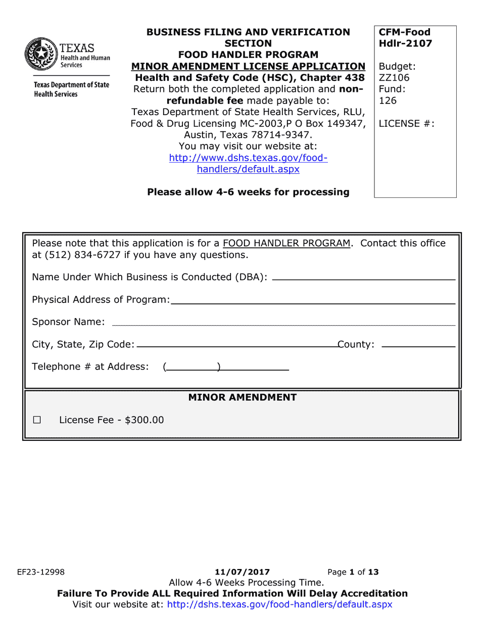 Form EF23-12989 Minor Amendment License Application - Food Handler Program - Texas, Page 1