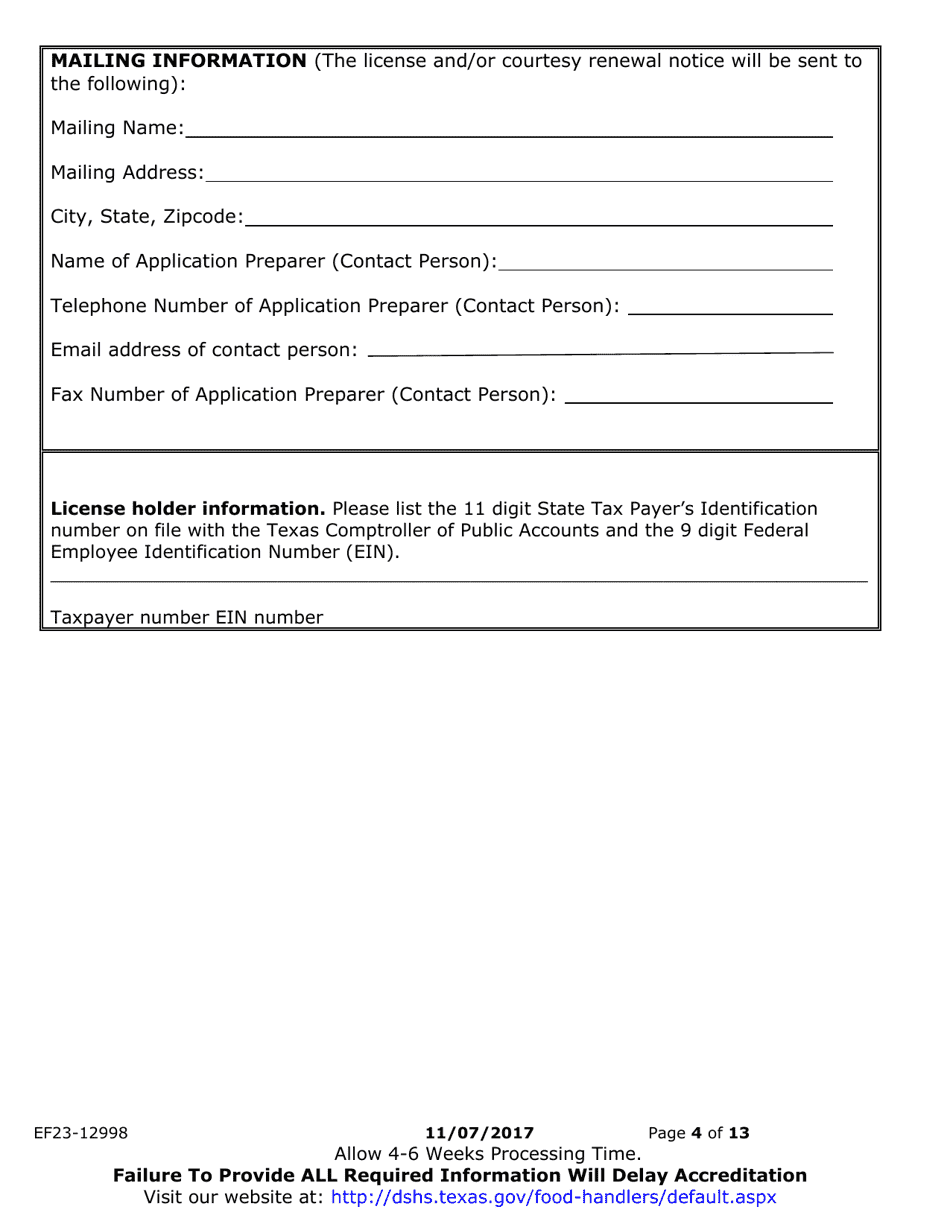 Form EF23-12989 Minor Amendment License Application - Food Handler Program - Texas, Page 4