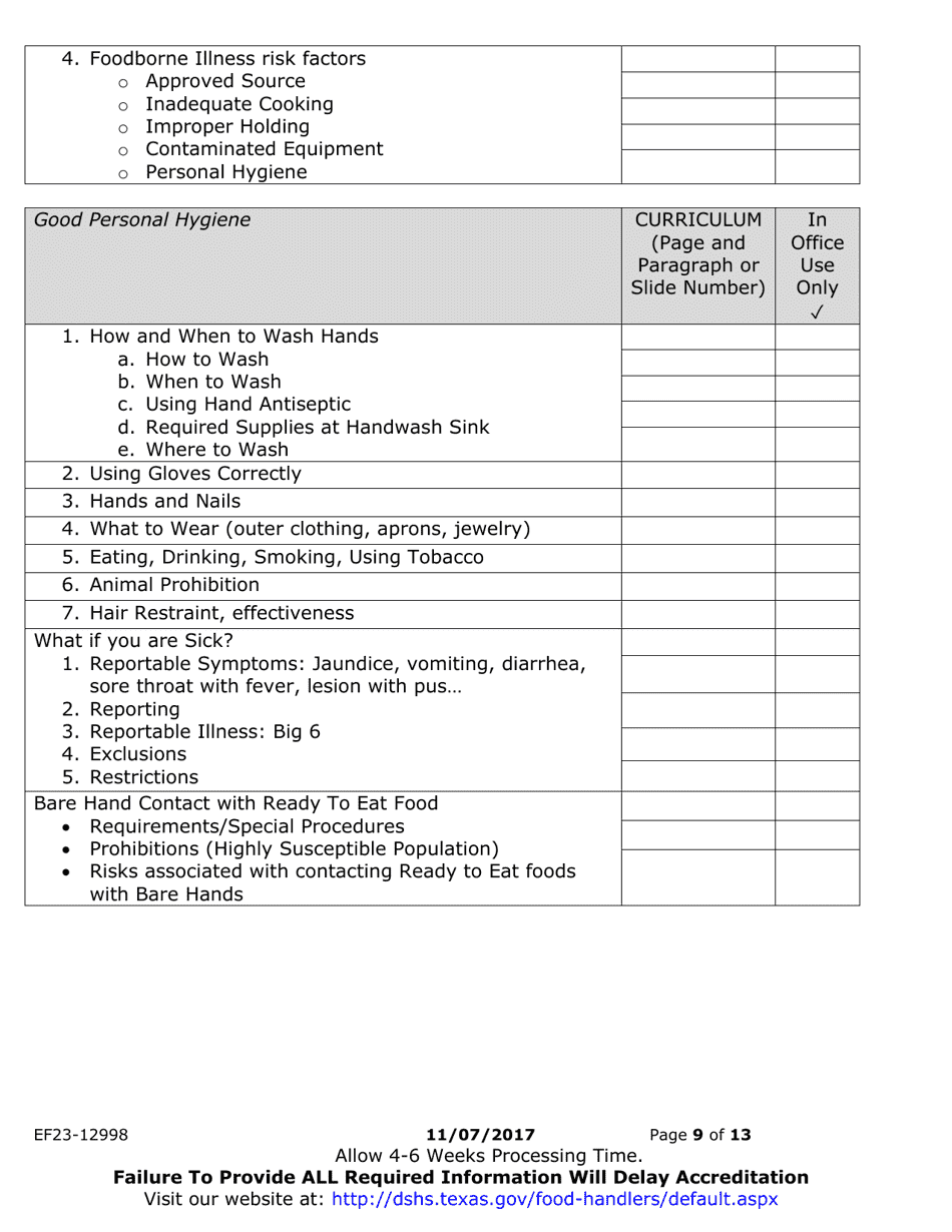 Form EF23-12989 Minor Amendment License Application - Food Handler Program - Texas, Page 9