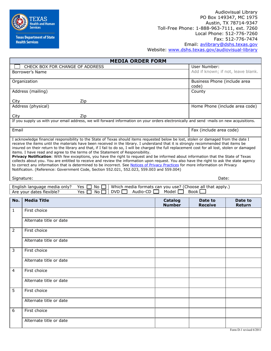 Form D-1 Media Order Form - Texas, Page 1