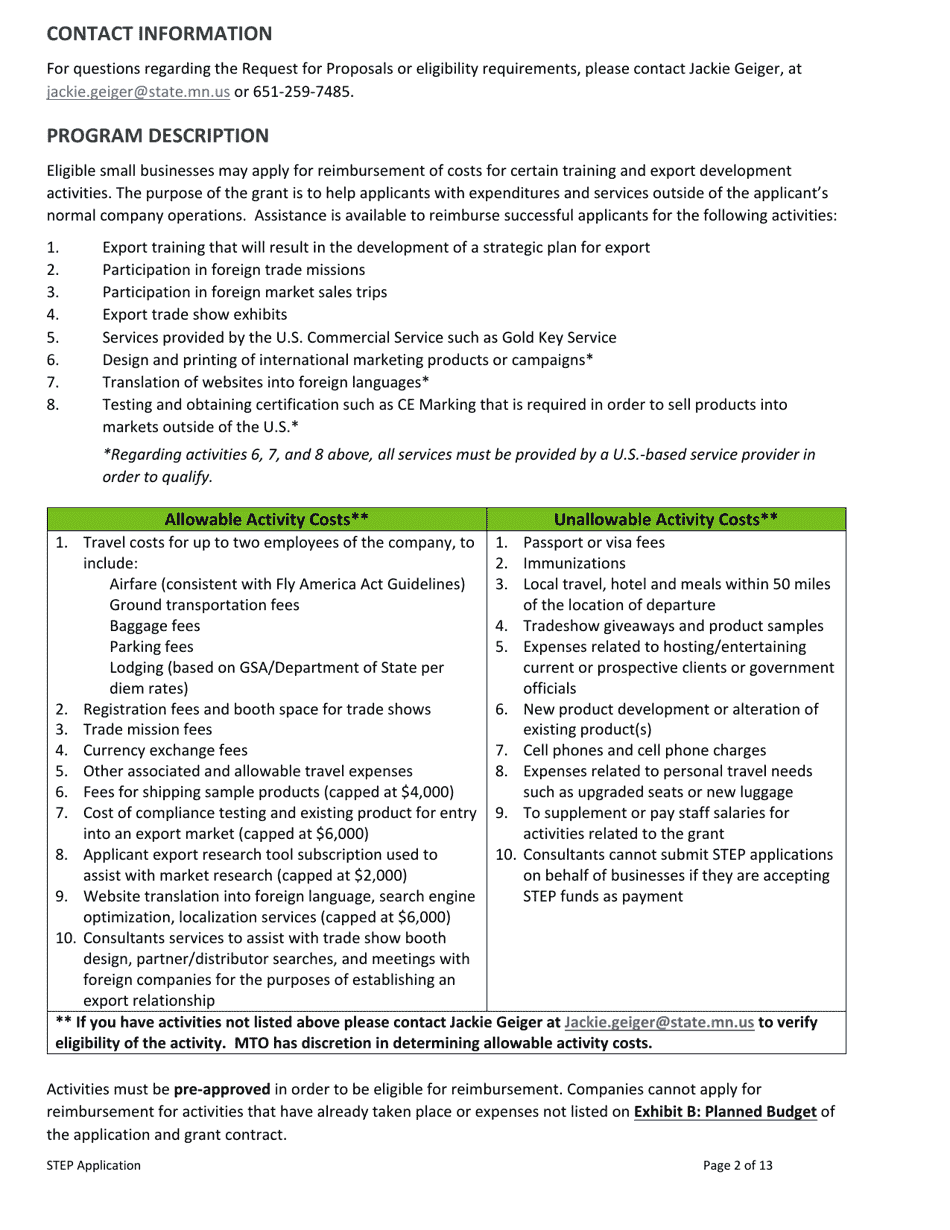Minnesota State Trade and Export Promotion Program Application Request for Proposals - Minnesota, Page 2
