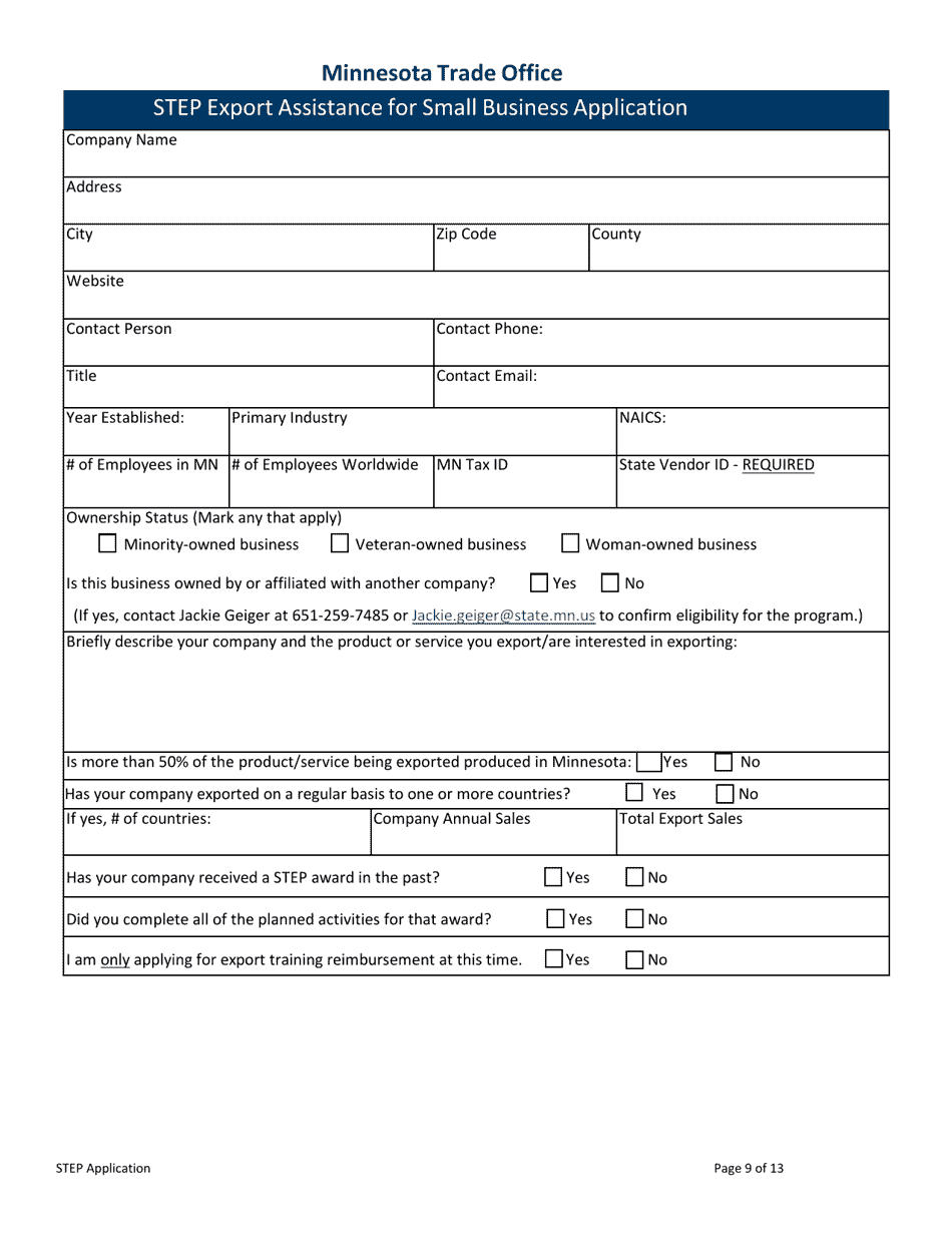 Minnesota State Trade and Export Promotion Program Application Request for Proposals - Minnesota, Page 9