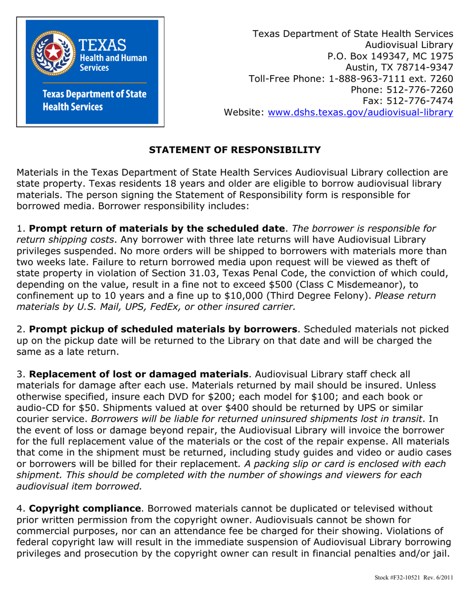 Statement of Responsibility - Texas, Page 1