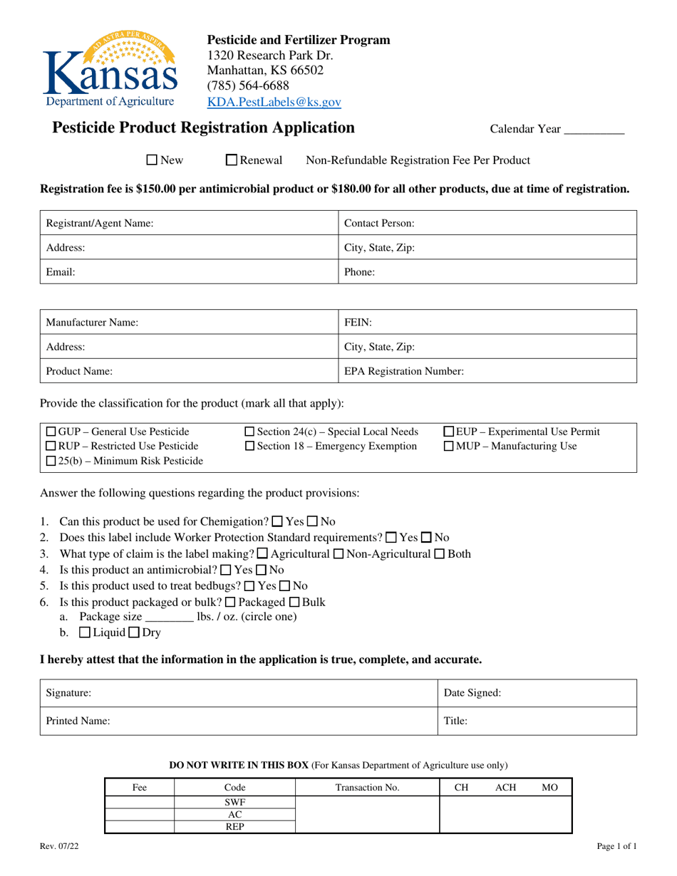 Pesticide Product Registration Application - Kansas, Page 1