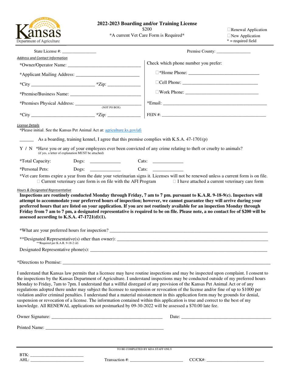 2023 Kansas Boarding or Training Kennel License Application Fill Out