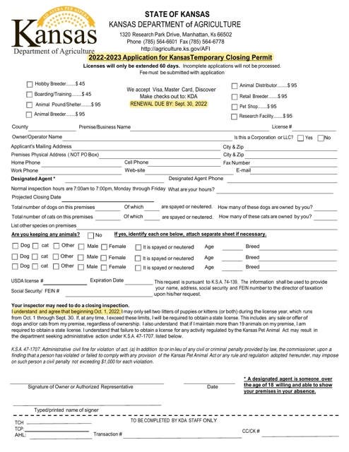 Application for Kansas Temporary Closing Permit - Kansas, 2023