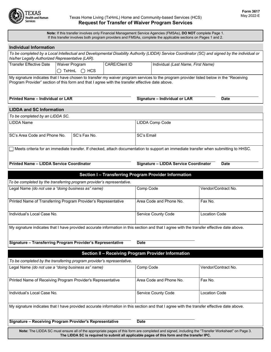 Form 3617 Request for Transfer of Waiver Program Services - Texas, Page 1