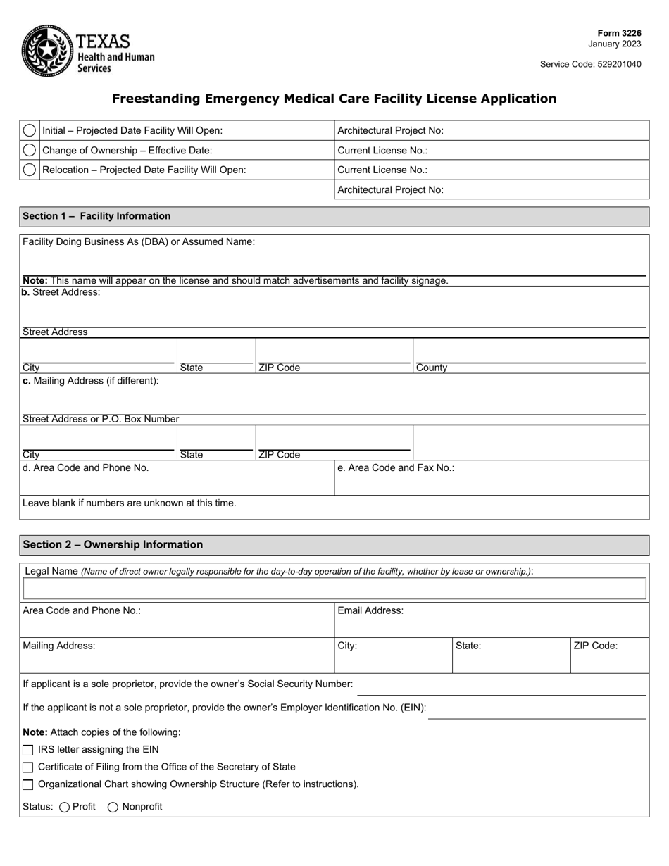 Form 3226 Freestanding Emergency Medical Care Facility License Application - Texas, Page 1