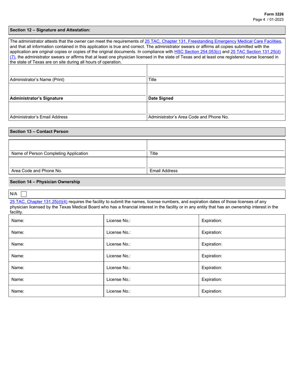 Form 3226 Freestanding Emergency Medical Care Facility License Application - Texas, Page 4