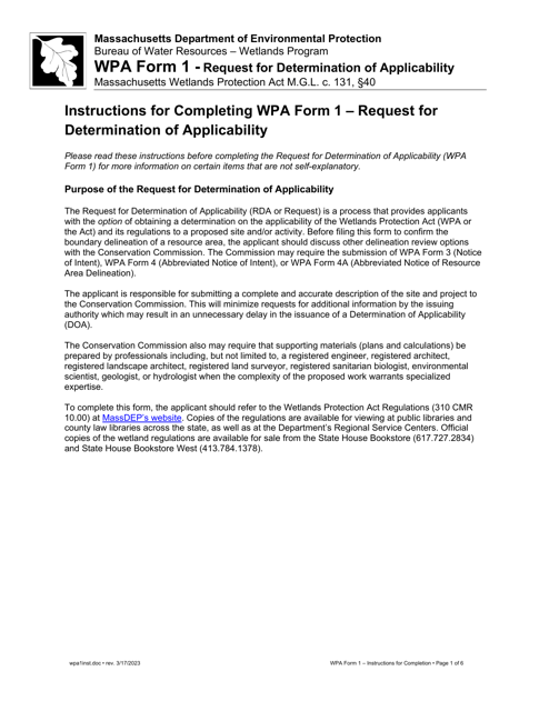 Instructions for WPA Form 1 Request for Determination of Applicability - Massachusetts
